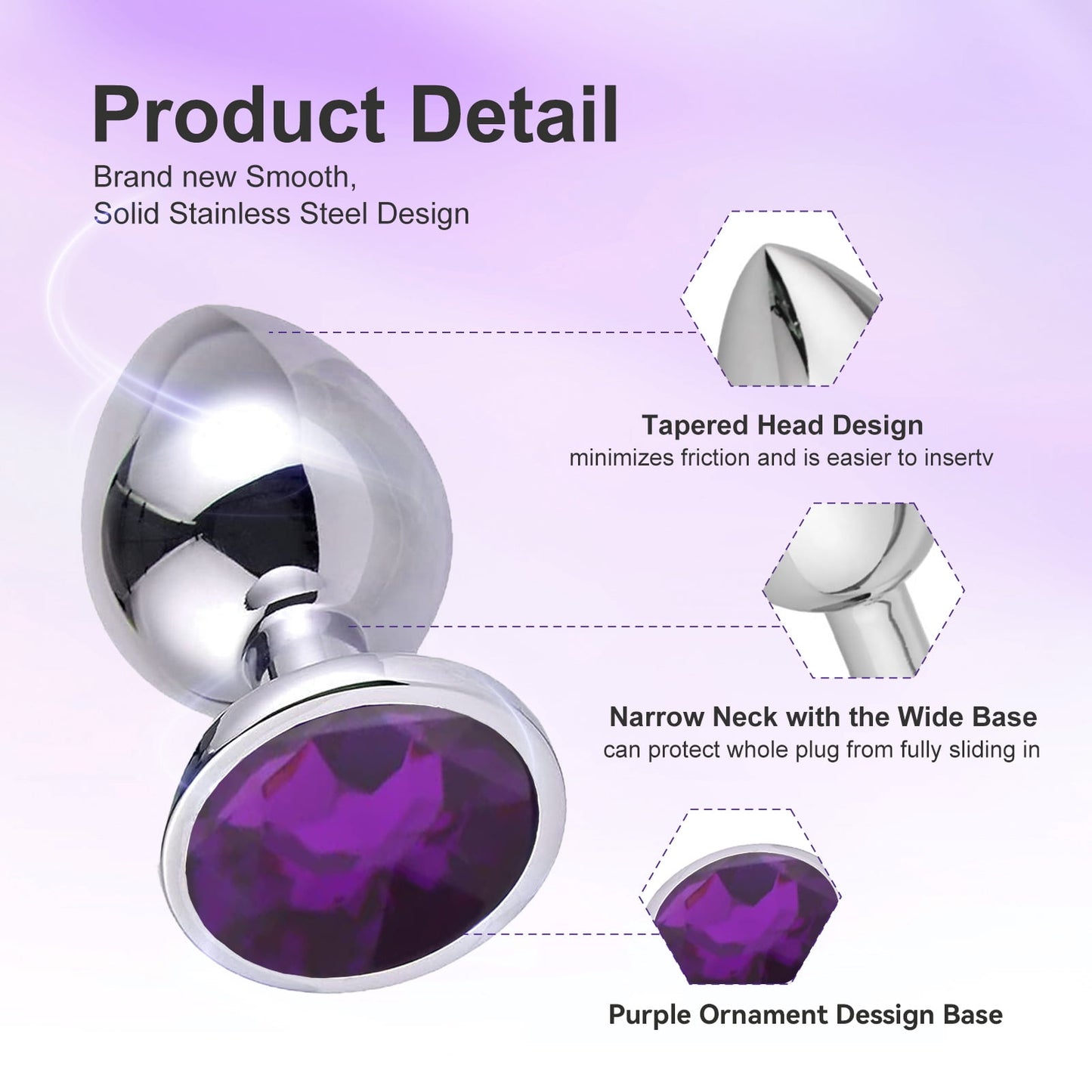 Stainless Steel Jewelry Design Anal Butt Plug Set 3PCS Anal Sex Toys Set,Couples Adult Sex Toys for Male Female-Purple