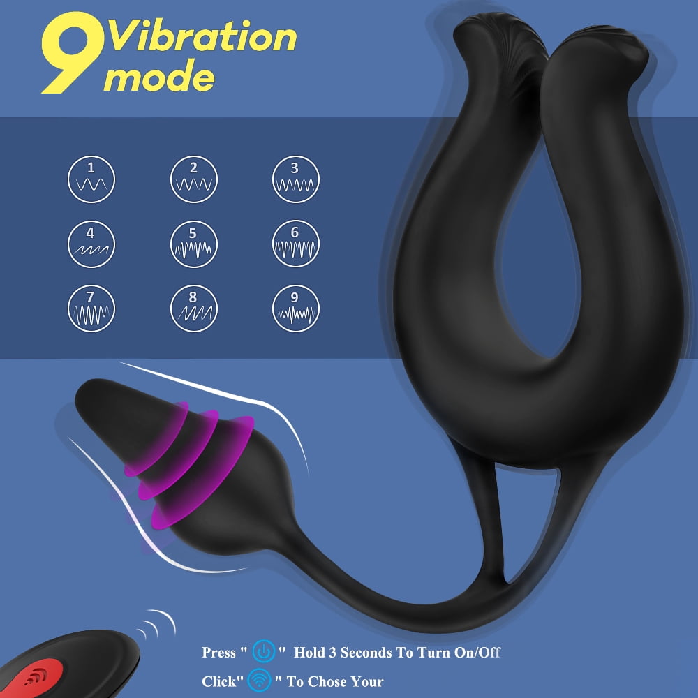 Remote Control 9 Vibrating Mode Penis Ring,2 in 1 Adjustable Penis Ring & Mini Anal plug,Male Adult Sex Toys for Couples-Black
