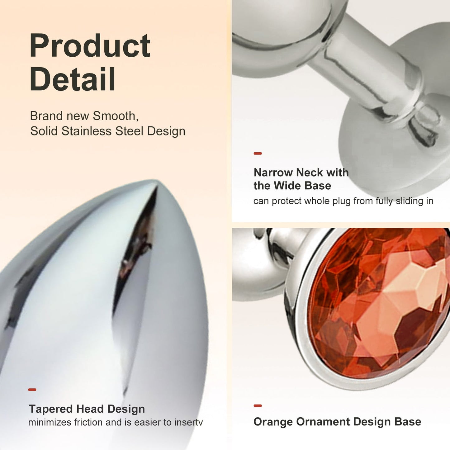 3PCS Anal Butt Plug Set Jewelry Design Stainless Steel Anal Sex Toys Set,Adult Sex Toys for Couples Male Female-Orange