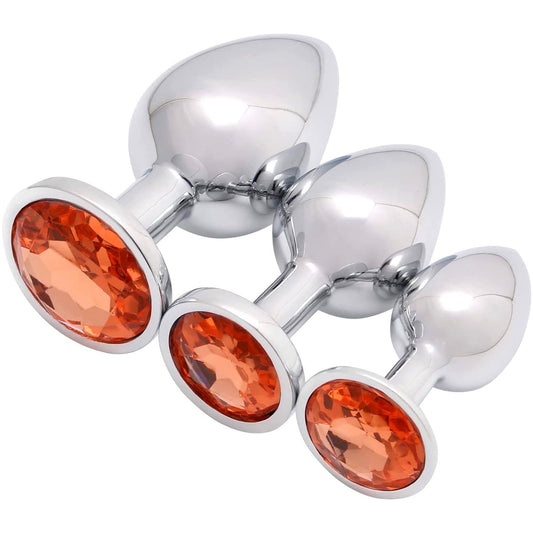 3PCS Anal Butt Plug Set Jewelry Design Stainless Steel Anal Sex Toys Set,Adult Sex Toys for Couples Male Female-Orange