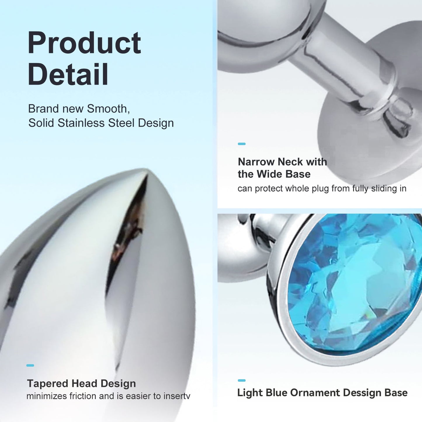 3PCS Anal Sex Toys Set Jewelry Design Stainless Steel Anal Butt Plug Set,Adult Sex Toys for Couples Male Female-Light Blue