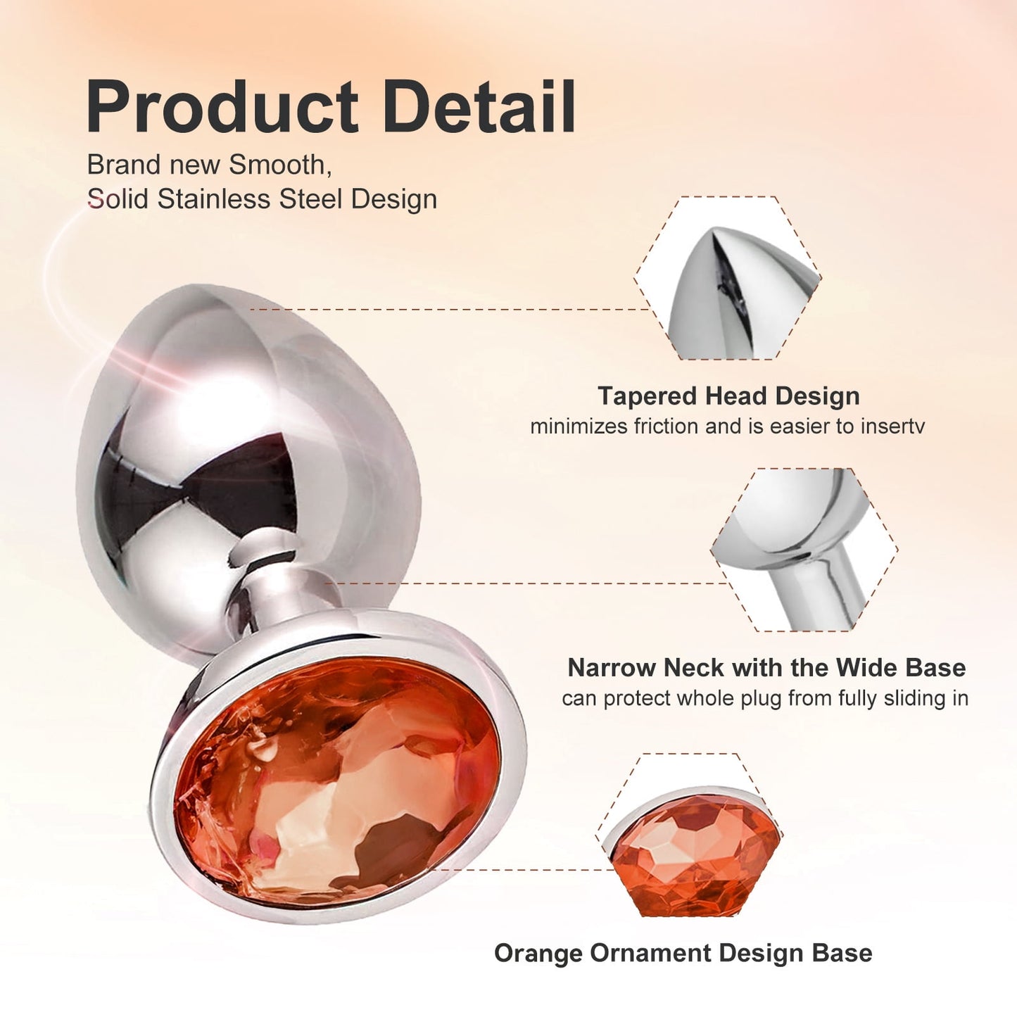 3PCS Anal Butt Plug Set Jewelry Design Stainless Steel Anal Sex Toys Set,Adult Sex Toys for Couples Male Female-Orange