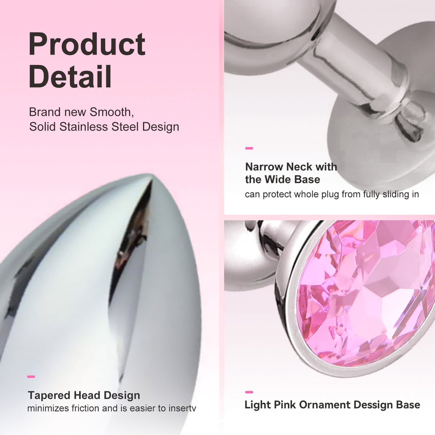 Anal Butt Plug Set Jewelry Design Stainless Steel 3PCS Anal Sex Toys Set,Adult Sex Toys for Couples Female Male-Pink